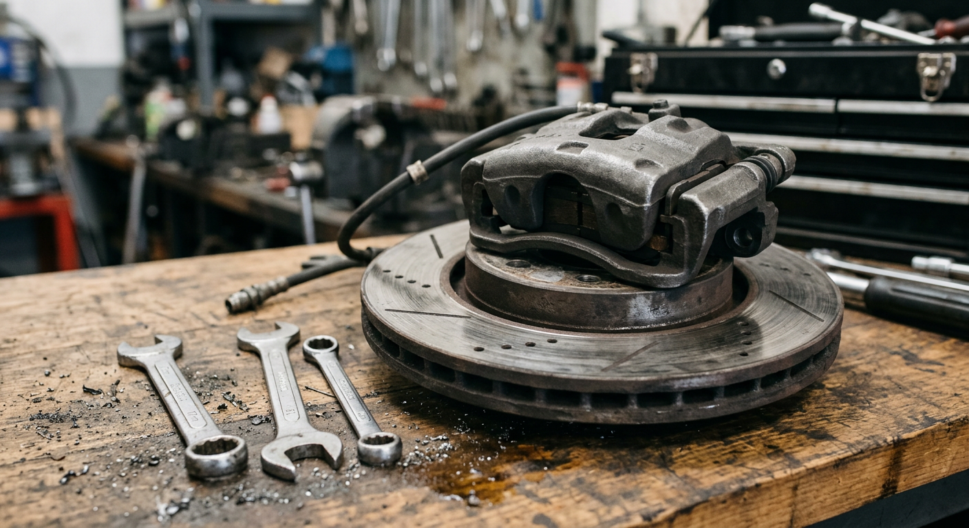 Brake disc and caliper on a workshop bench